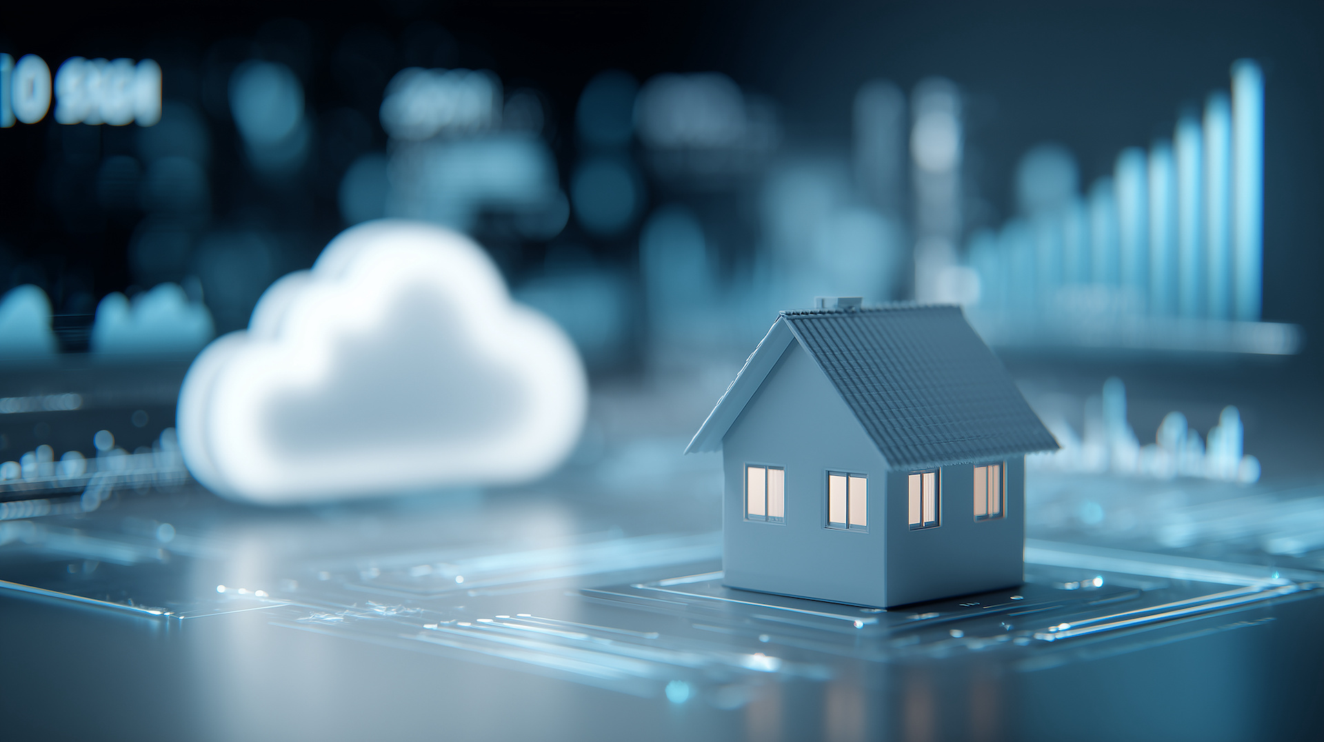 Image of a home sitting on a platform with a cloud for present the concept of a cloud-based brokerage.