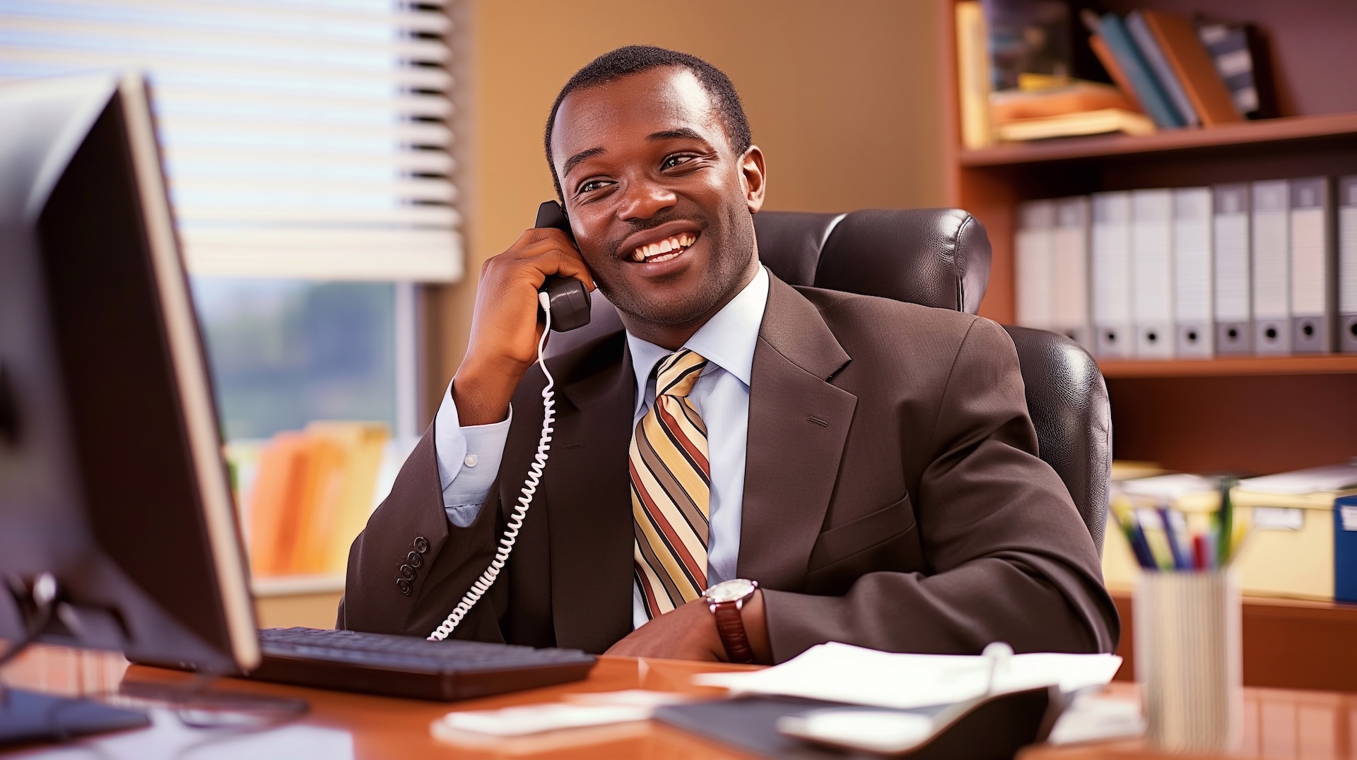 Male real estate agent prospecting with clients by telephone at his office desk.
