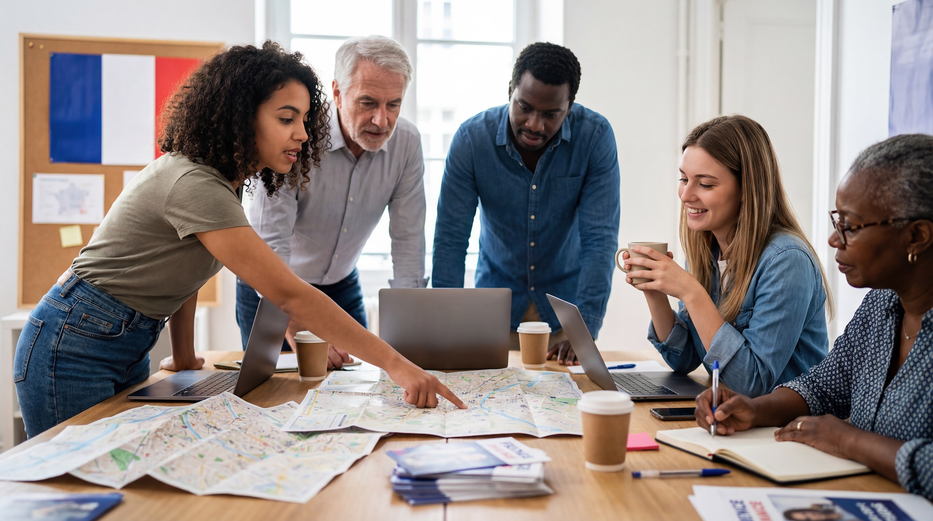 Diverse municipal planning team for discussing Extra Territorial Jurisdictions (ETJ). Young woman pointing at a city map while colleagues collaborate in an office.